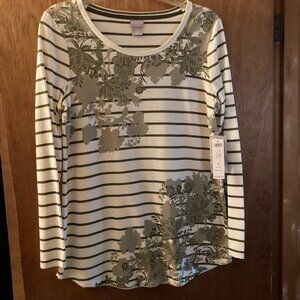CHICO'S ZENERGYSTRIPED GARDEN TUNIC TEE SHIRT SIZE 0 (SMALL) SAGE LEAF/ECRU